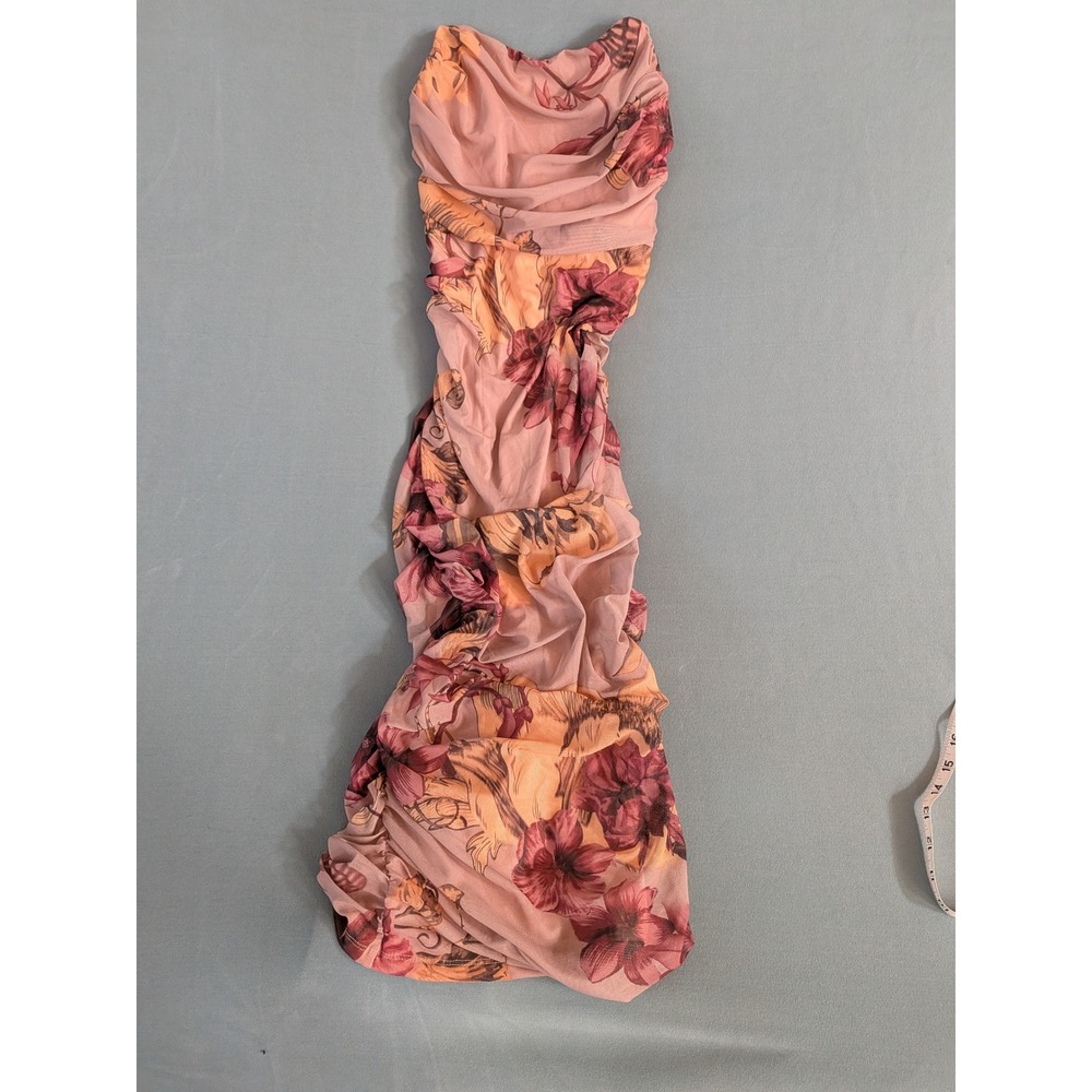 Floral Mesh Ruched Strapless Bodycon Midi Dress Pink Orange Size M